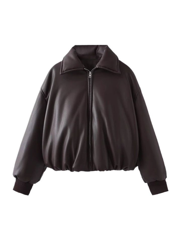 Quilted jacket for women in faux leather with high collar and elastic cuff Lune London