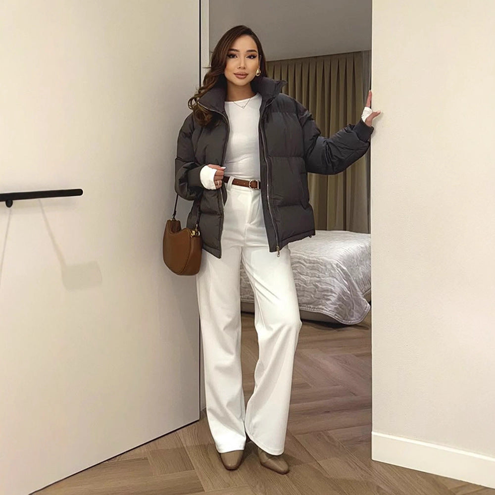 Women Short Tailored Puffer Jacket with Ribbed Cuffs and High Stand-Up Collar Amarae