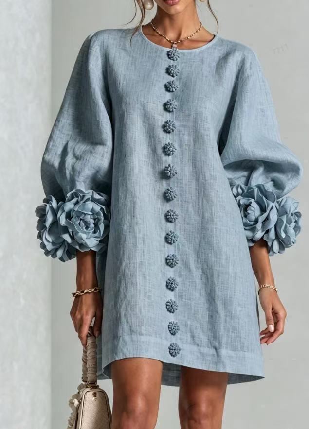 Ladies linen dress in A-line cut with balloon sleeves and 3D flower decoration Amarae
