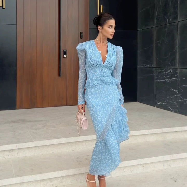 Women Chiffon Maxi Dress with V-neck, Puff Sleeves and Leg Slit Amarae