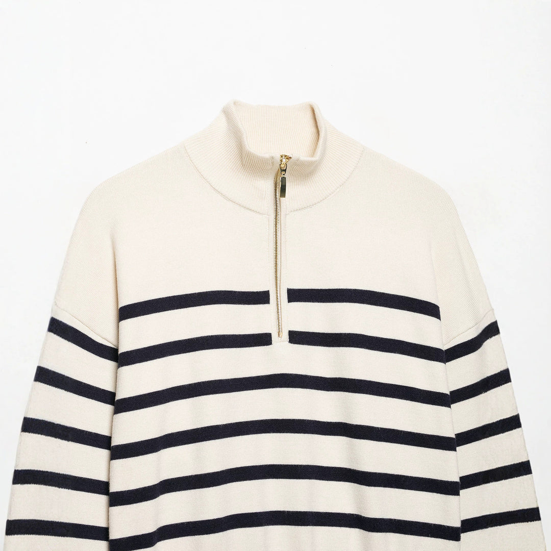 Women's Striped Half-Zip Knit Sweater with Stand-up Collar Amarae