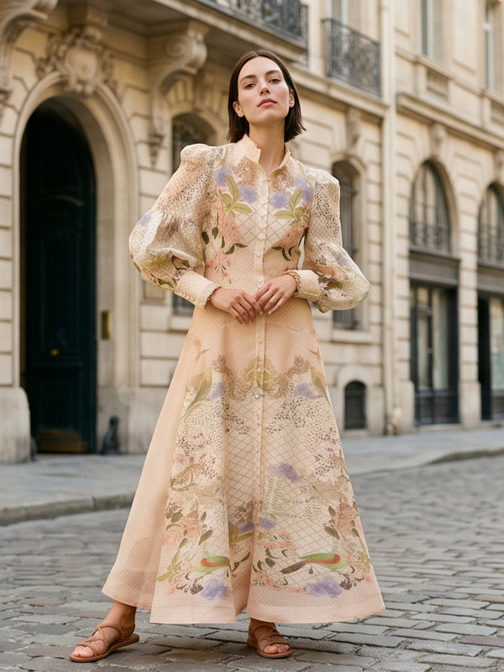 Women's maxi dress with floral print, button placket and voluminous puff sleeves Amarae