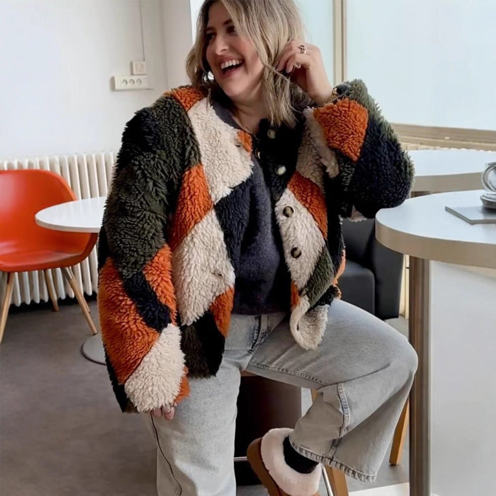 Women Short-Cut Patchwork Teddy Jacket with Textured Loop Fiber and Snap Button Placket Amarae