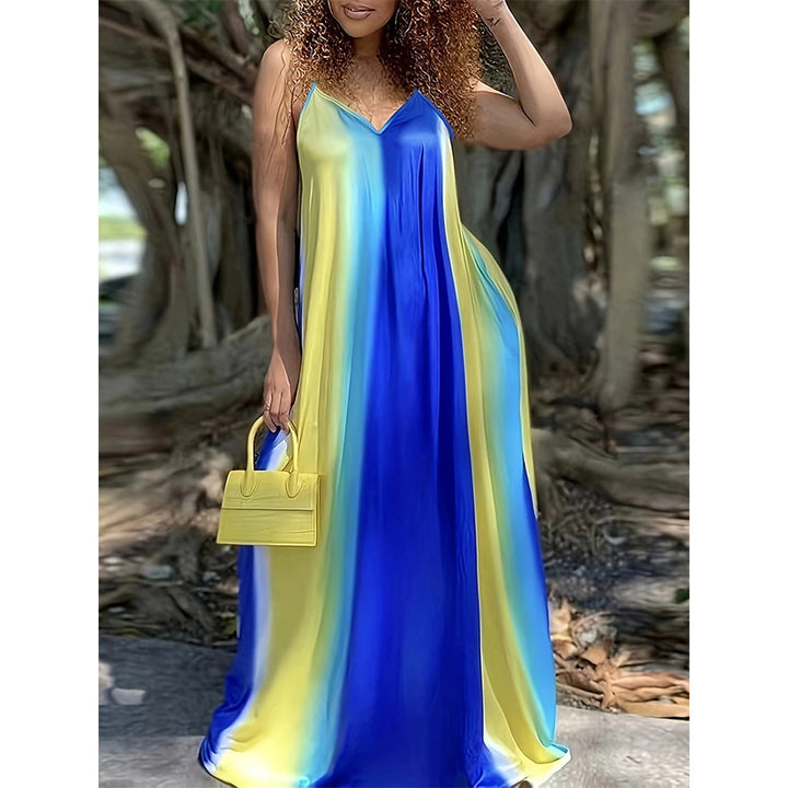 Maxi dress for women with fluid color gradient and delicate spaghetti straps Lune London