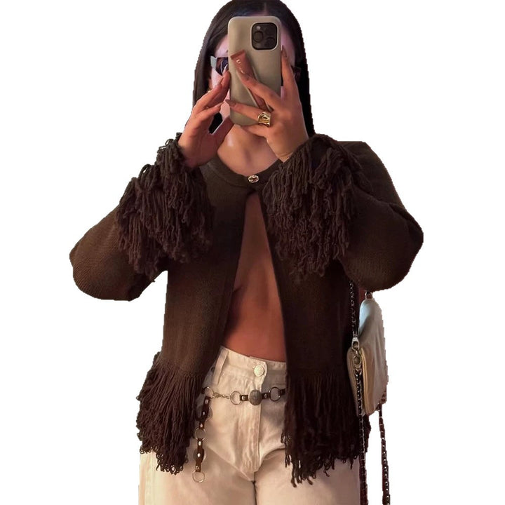 Women's cardigan with layered fringes, mother-of-pearl closure and boxy silhouette Amarae
