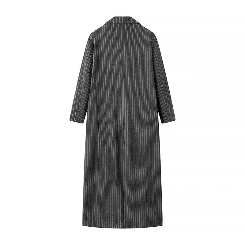 Ladies Longline Coat with Pinstripes and Double-Breasted Button Placket Amarae