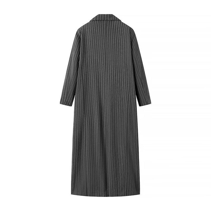 Ladies Longline Coat with Pinstripes and Double-Breasted Button Placket Amarae