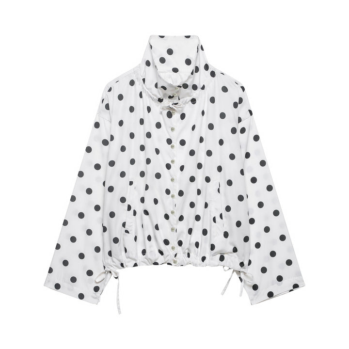 Women's lightweight blouse in polka dot design with stand-up collar, drawstring hem and button placket Amarae