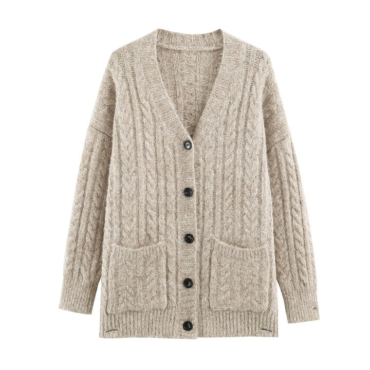 Women Large Knitted Oversize Cardigan with Cable Knit V-Neck and Patch Pockets Amarae