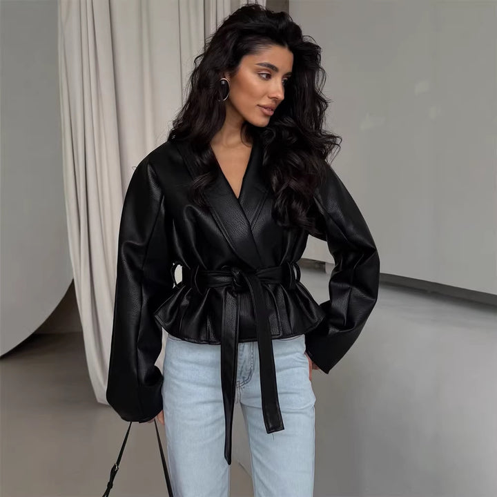 Women's Tailored Faux Leather Jacket with Peplum, Belt & Shawl Collar Amarae