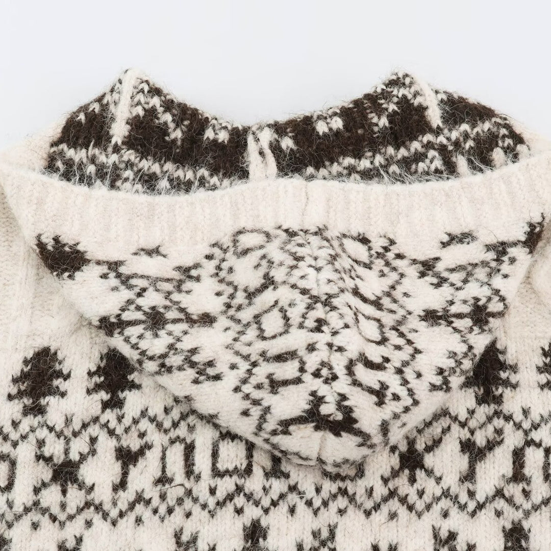 Women's Coarse Knit Hooded Cardigan with Horn Buttons and Norwegian Pattern Amarae