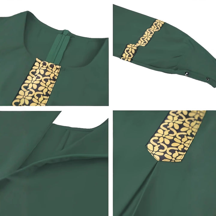 Kaftan dress for women with elegant golden accents and long sleeves Lune London