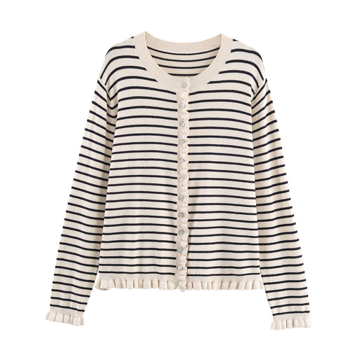 Striped knit jacket for women with ruffle details and button closure Amarae