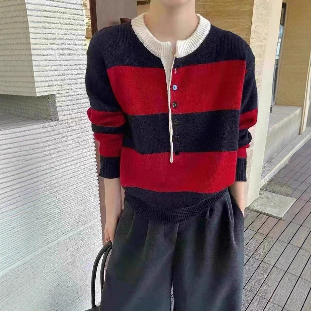 Pull en maille à manches courtes pour femme avec patte de boutonnage et rayures contrastées Chic & Stil