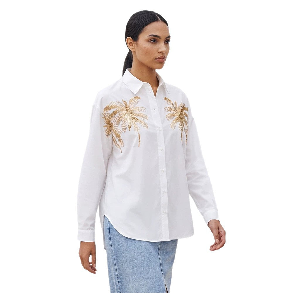 Women's shirt blouse with sequin palm appliqué, oversized cut & classic collar Amarae