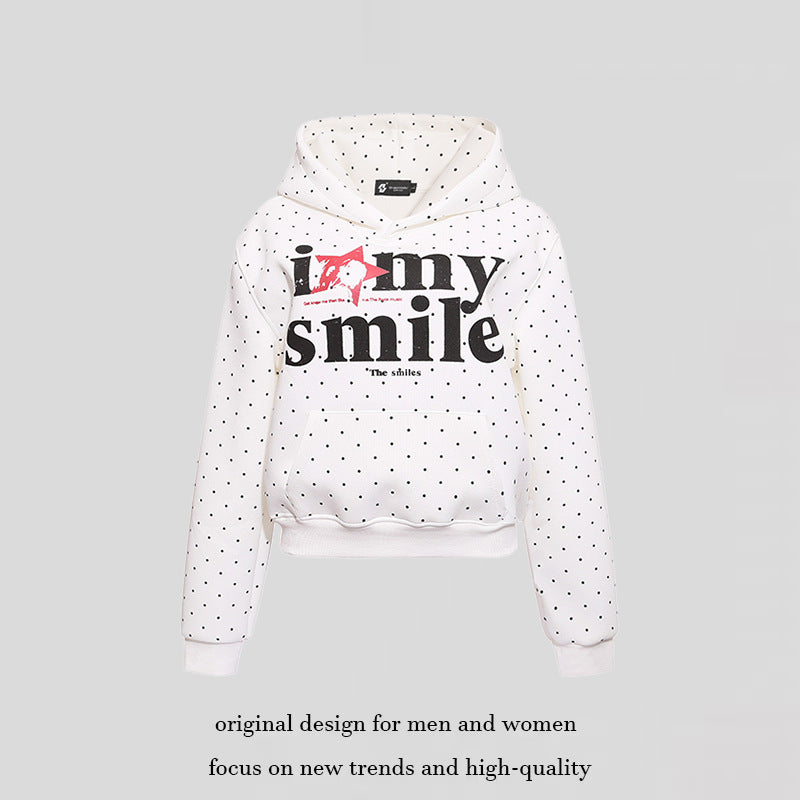 Women’s hoodie sweatshirt with polka dot pattern, kangaroo pocket and large typographic print Amarae