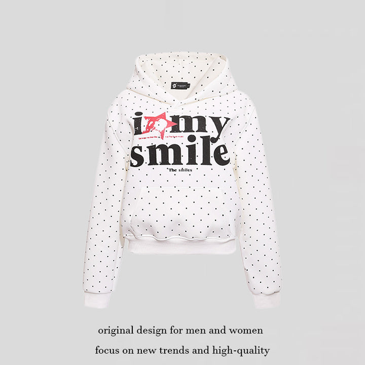 Women’s hoodie sweatshirt with polka dot pattern, kangaroo pocket and large typographic print Amarae