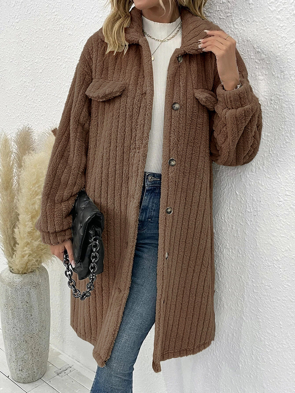 Women fleece sweater - jacket with vertical rib structure and practical pockets Lune London