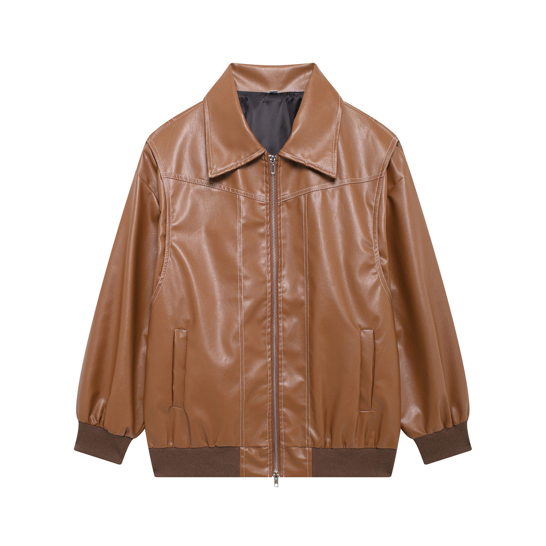 Ladies Trendy Faux Leather Jacket with Elastic Cuffs and Practical Pockets Lune London