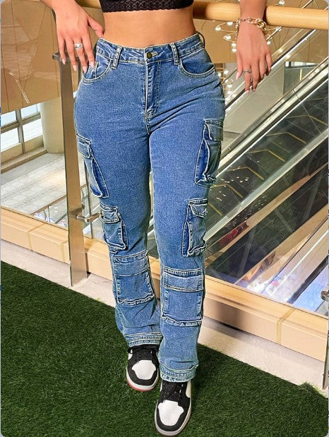 Women’s cargo denim pants with multiple flap pockets, knee panels, and high-waisted fit Amarae