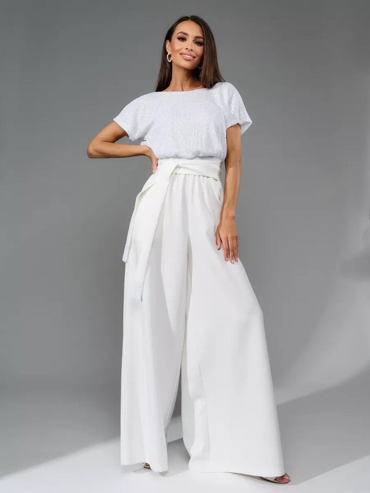 Women's Glittering Jumpsuit with Wide Leg and Waist Belt Lune London