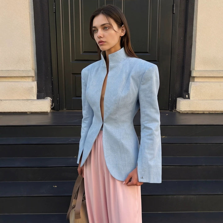 Women's tailored stand collar blazer with concealed hook closure and curved hem Amarae
