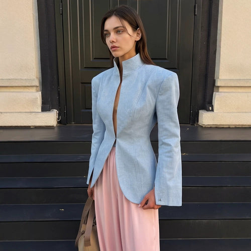 Women's tailored stand collar blazer with concealed hook closure and curved hem Amarae