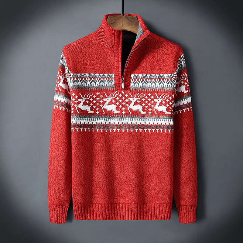 Lune London | Winter pullover for men - warm knitted pullover with half zipper & Scandinavian reindeer pattern