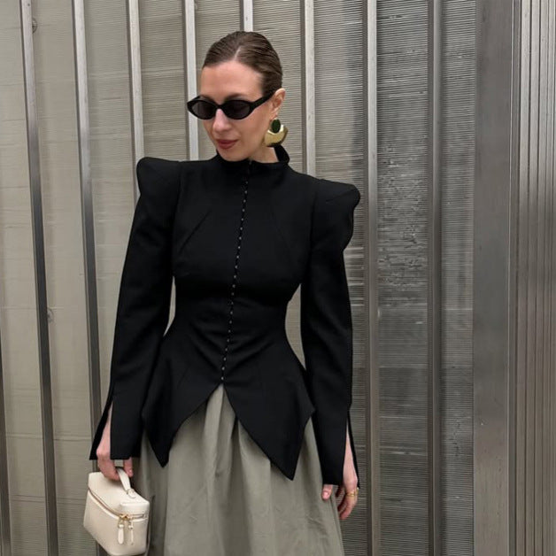 Women's Tailored Blazer with Sculptural Shoulders, Emphasized Waist and Pointed Peplum