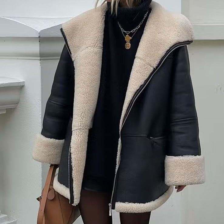 Synthetic leather jacket for women with soft teddy lining and practical pockets Lune London