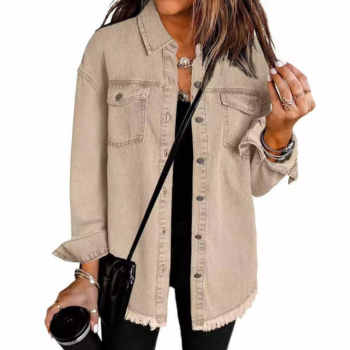 Casual denim jacket for women with frayed hems and patch pockets Amarae