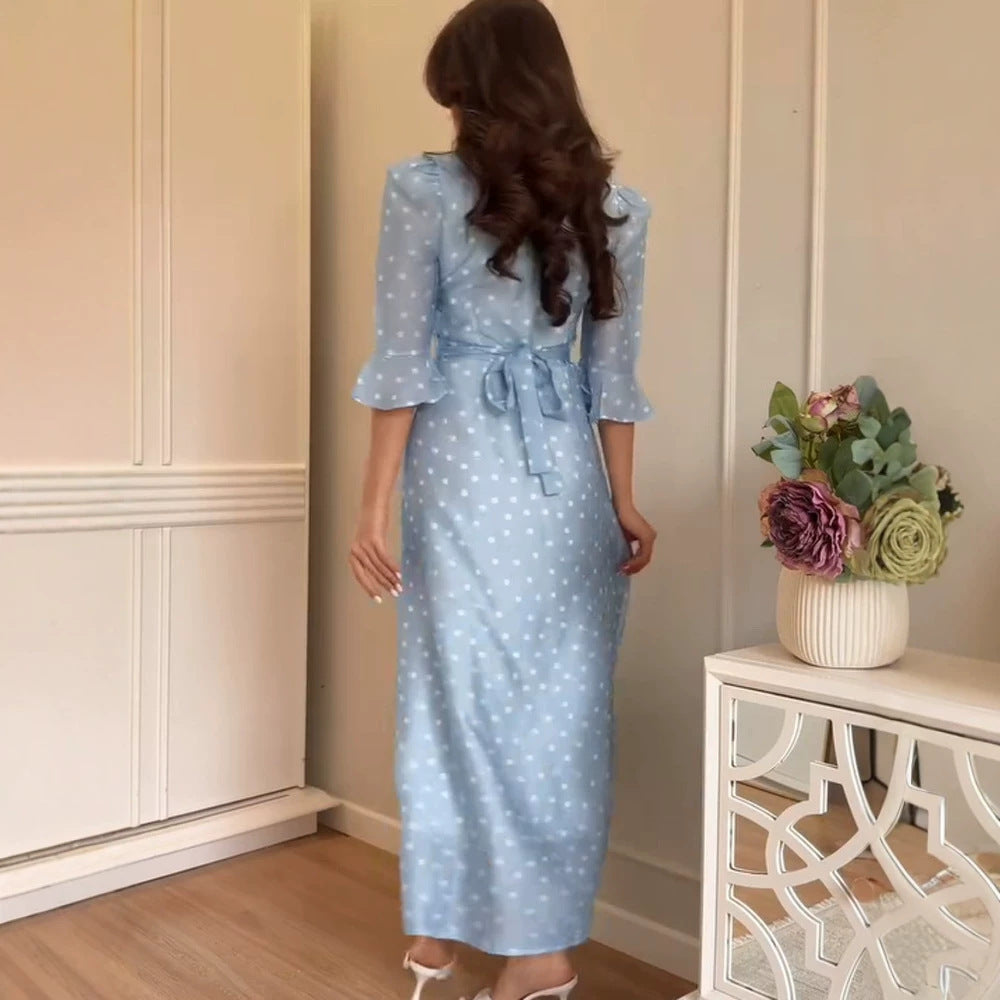 Women's maxi dress with lace V-neck, full button placket and puff sleeves Amarae