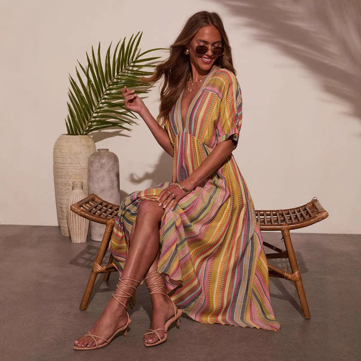 Women's maxi dress with deep V-neck and flared skirt Lune London