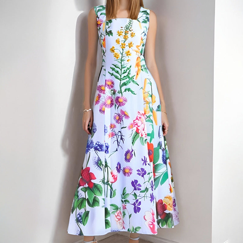 Robe maxi embellie floral pour femmes avec encolure carrée et jupe fluide Chic & Stil