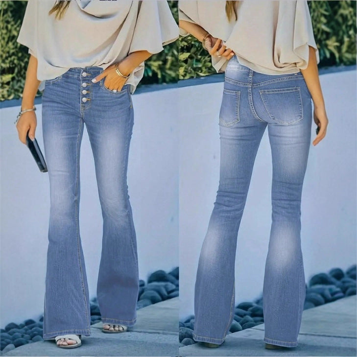 Ladies high-waisted flare jeans with decorative button placket and sculpting fit Amarae