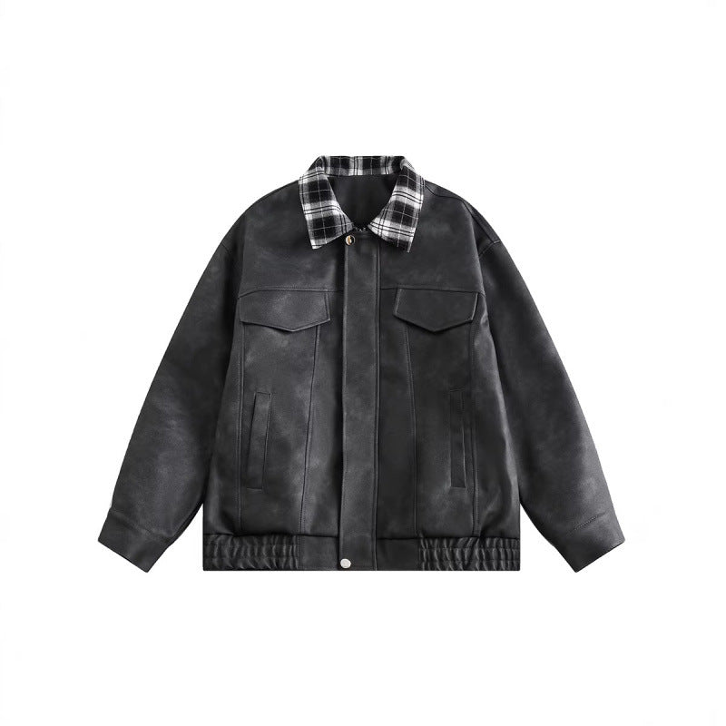 Men's suede look bomber jacket with checked shirt collar, flap pockets, and elastic hem Amarae