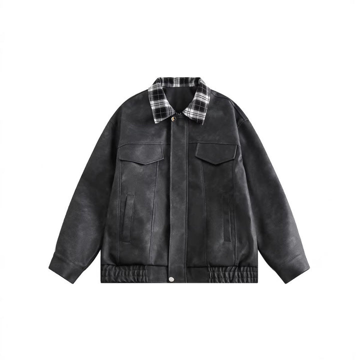 Men's suede look bomber jacket with checked shirt collar, flap pockets, and elastic hem Amarae