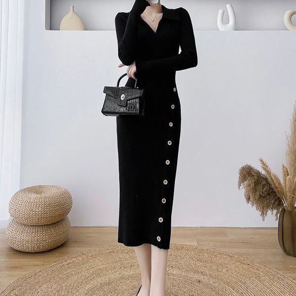 Knit dress for women with asymmetrical collar and decorative buttons Lune London