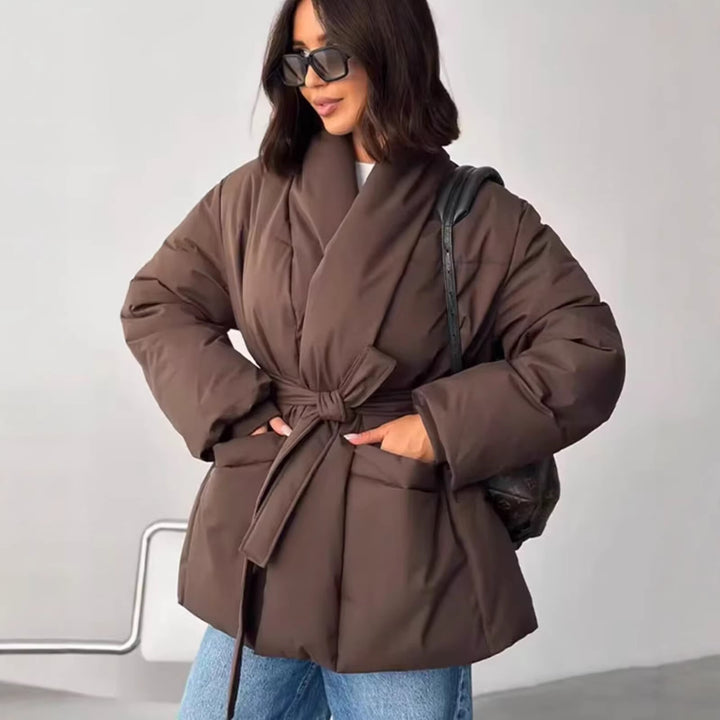 Ladies Quilted Short Jacket with Shawl Collar and Waist Belt Amarae