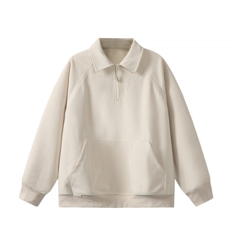 Unisex Oversize Half-zip Sweatshirt with Polo Collar, Waffle Structure and Kangaroo Pocket Amarae