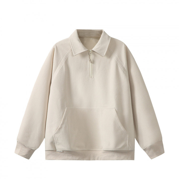 Unisex Oversize Half-zip Sweatshirt with Polo Collar, Waffle Structure and Kangaroo Pocket Amarae