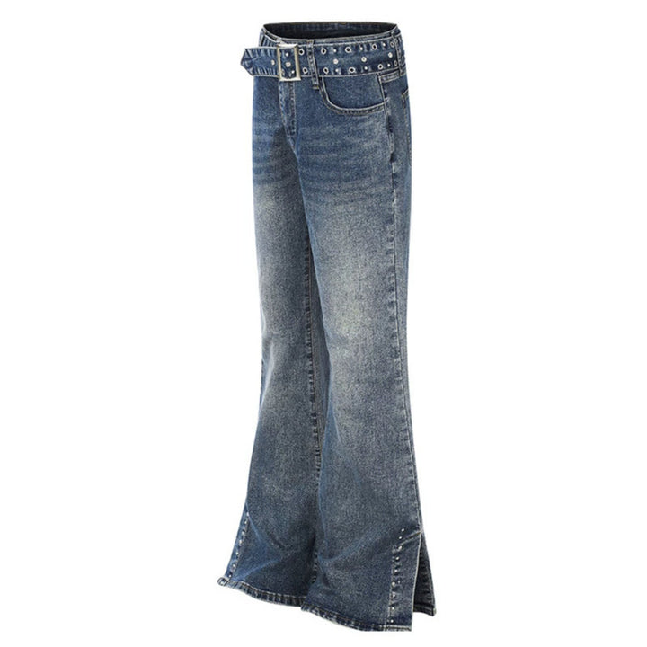 Women's High-Waist Flared Denim Jeans with Studded Detail, Wide Flare and Decorative Belt Amarae