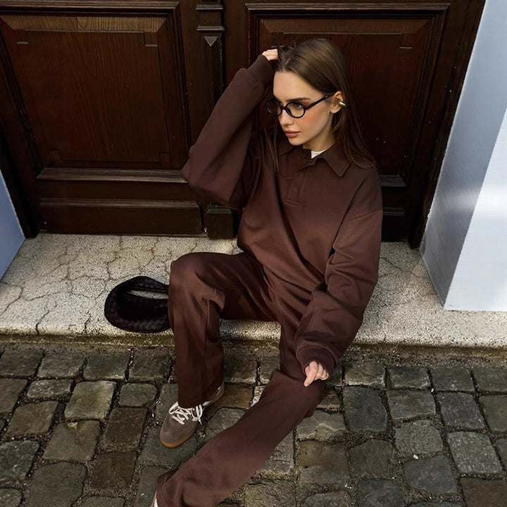 Women's Casual Polo Sweatset made of Organic Cotton Fleece with Oversized Sweater and High-Waist Jogger Amarae