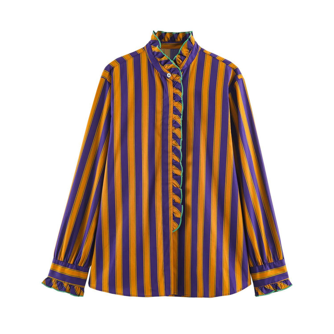 Women's Striped Blouse with Stand-up Collar, Ruffle Trim and Gathered Cuffs Amarae