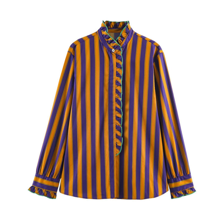 Women's Striped Blouse with Stand-up Collar, Ruffle Trim and Gathered Cuffs Amarae