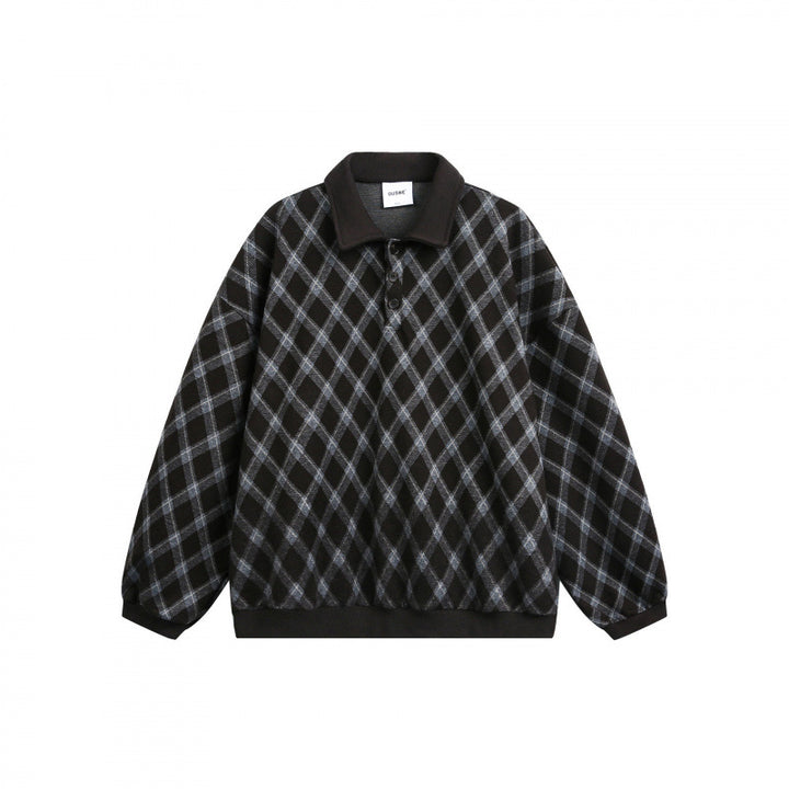 Unisex Oversize Polo-Halfzip-Pullover with Argyle Structure Amarae