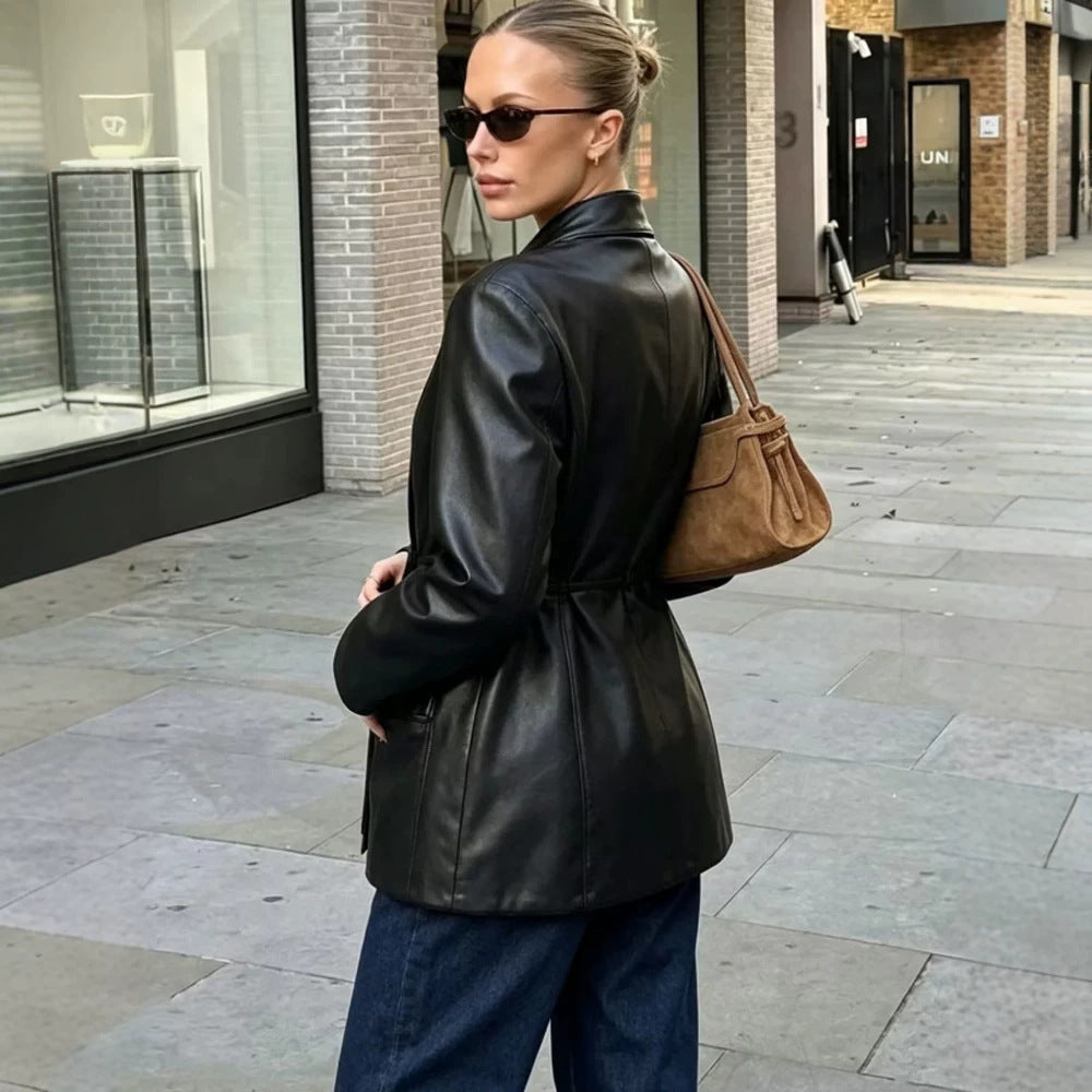 Women's Tailored Faux Leather Wrap Blazer with Flared Hem Amarae