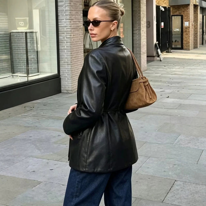 Women's Tailored Faux Leather Wrap Blazer with Flared Hem Amarae