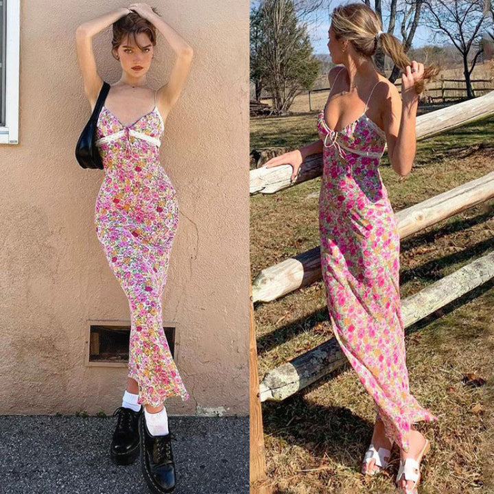 Maxi dress for women with floral print and elegant spaghetti straps Lune London