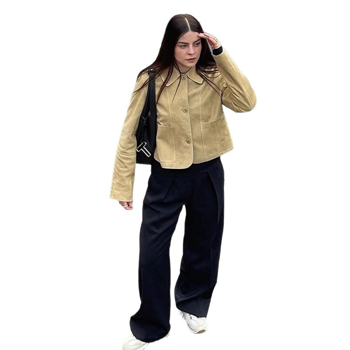 Women's Short Suede Jacket with Rounded Collar and Boxy Cropped Cut Amarae